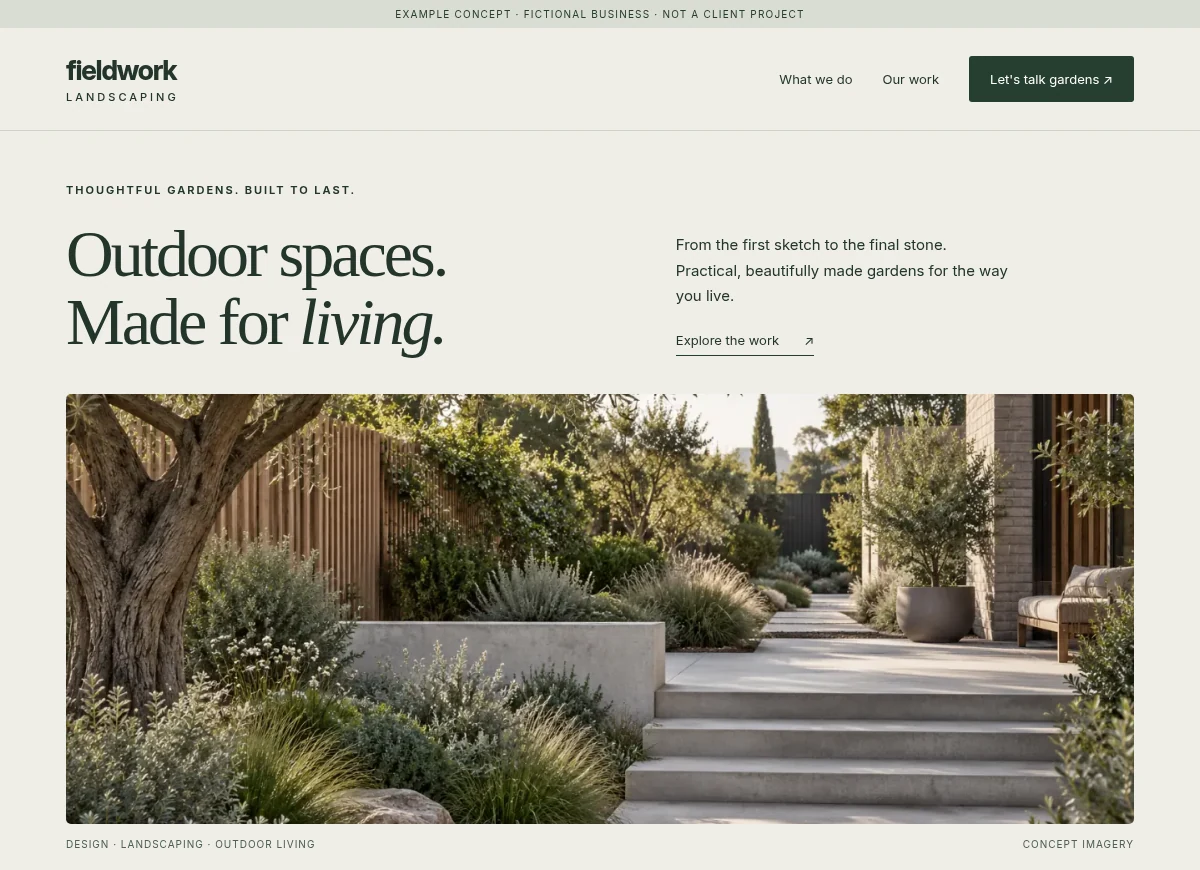 Original fictional Fieldwork Landscaping website, shown on desktop